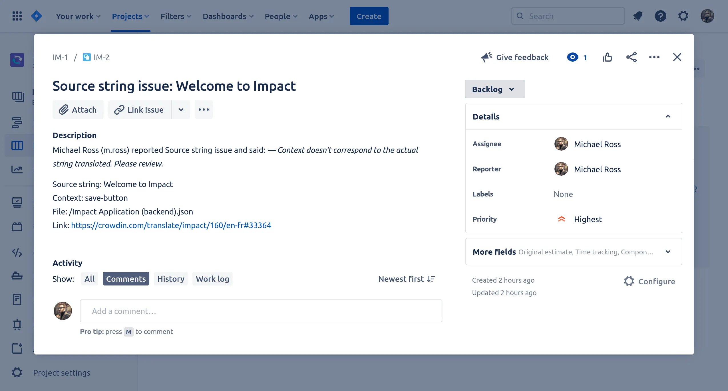 在 Jira 中显示的 Crowdin Enterprise 问题